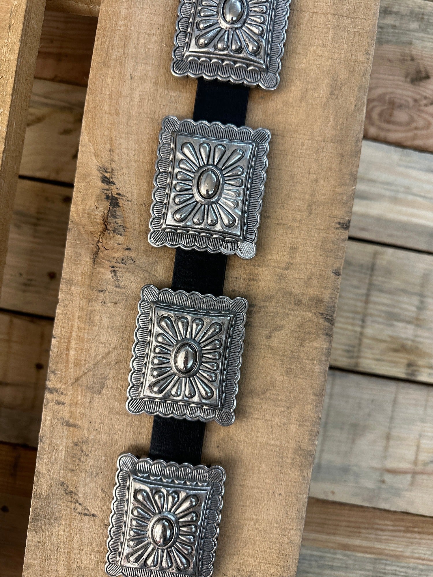 Miss Clementine Antique Style Etched Silver Square Concho Belt