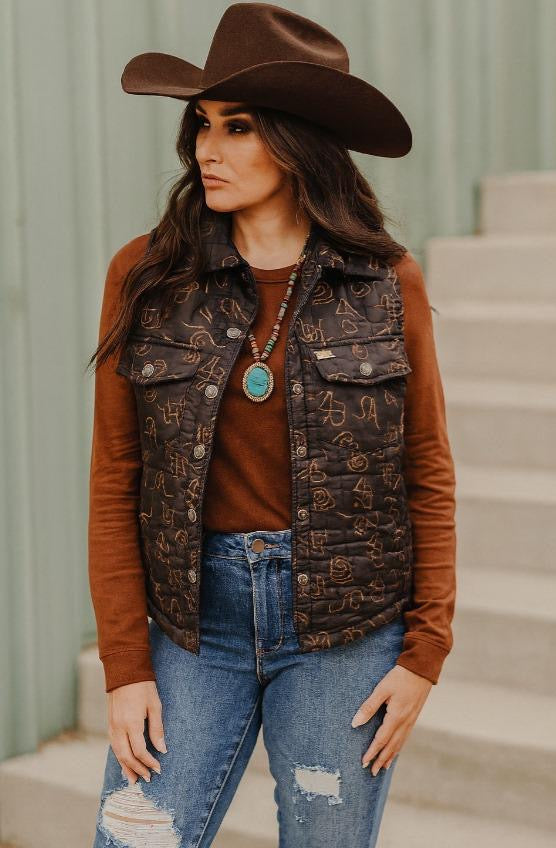 Cowpoke Cattle Brand Printed Quilted Vest