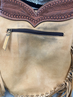 Smooth Buckskin Leather Fringe Cross Body Purse w/ Tooled Leather Trim - Queen Bee's Closet