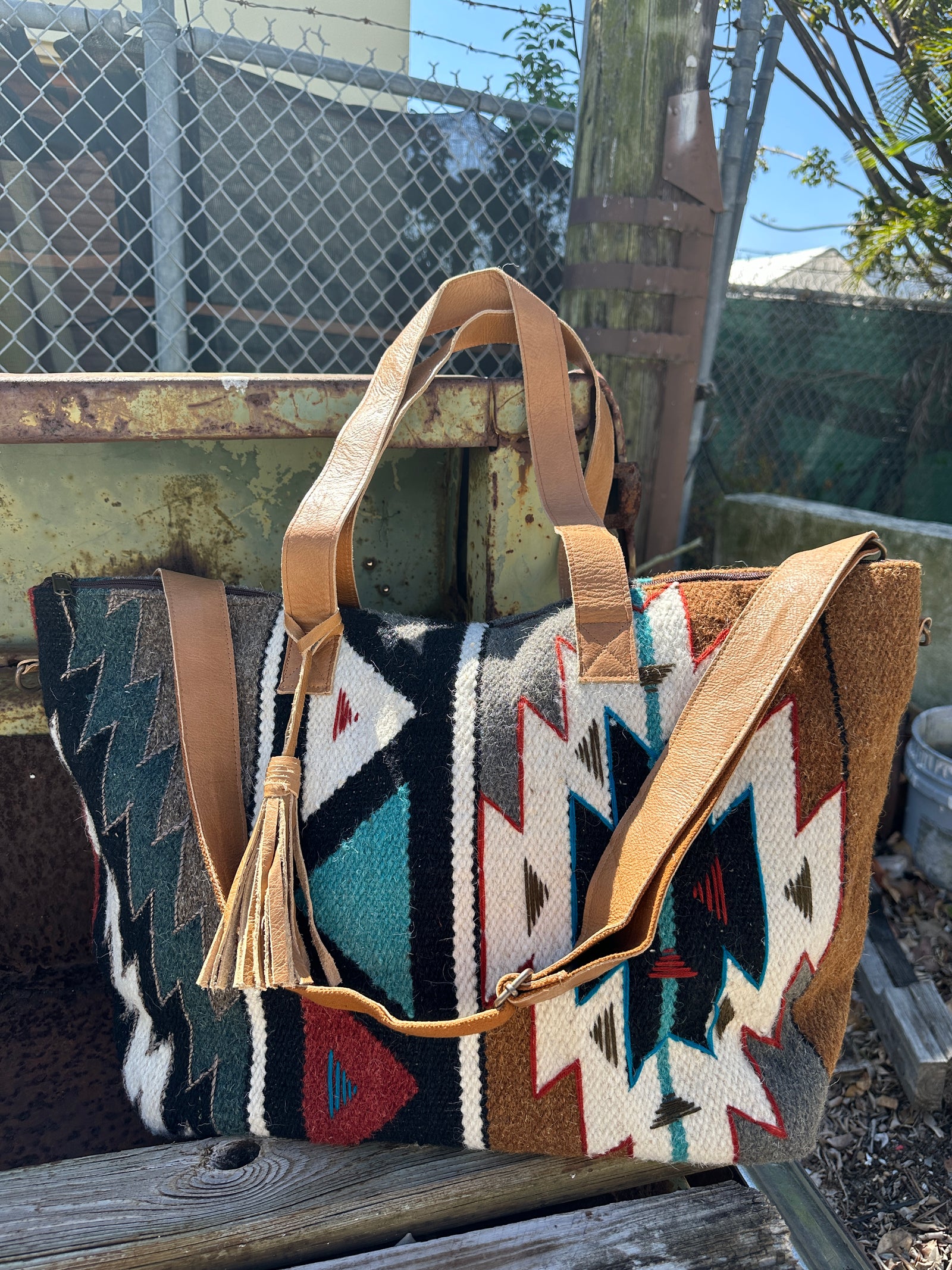 Santa Fe Bound Aztec Print Woven Saddle Blanket Tote Style Weekender Bag