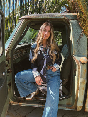 PREORDER John Wayne Western Pearl Snap Button Up Top In Denim Blue PREORDER MARCH/APRIL 2026