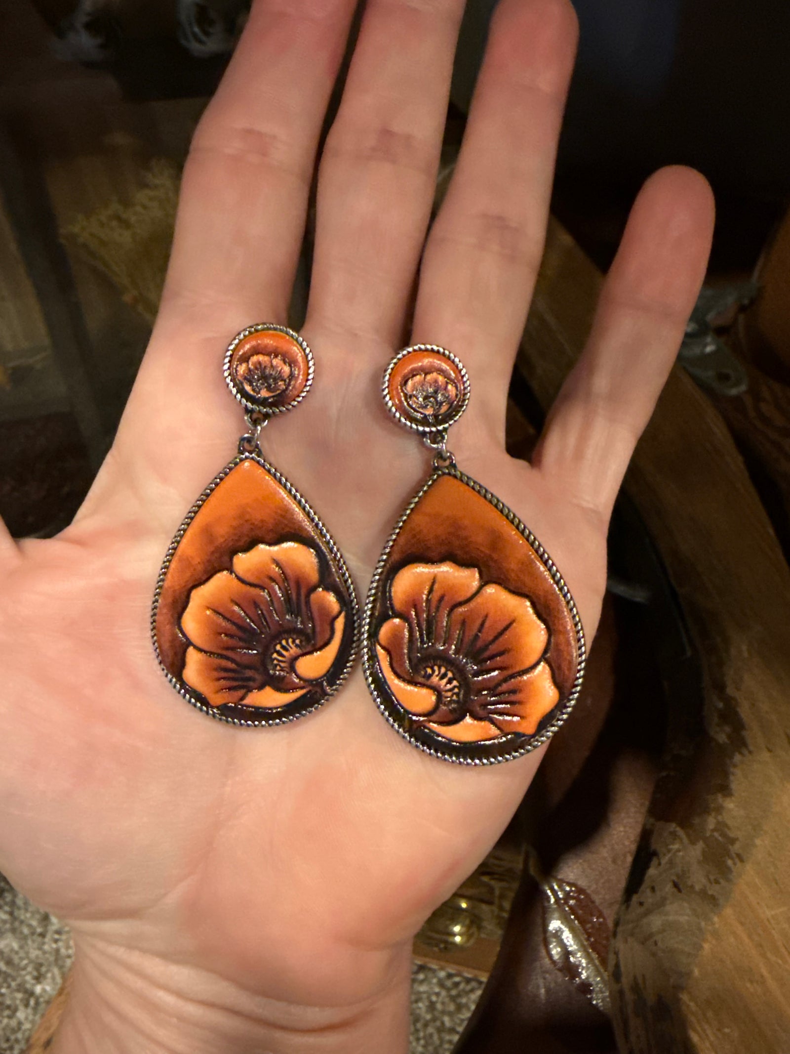 Handtooled Bloom Leather Flower Earrings