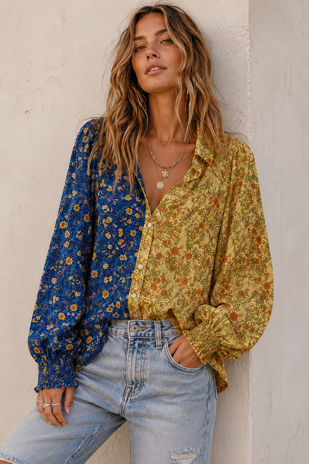 Secret Garden Contrasting Print Button Up Blouse - PREORDER SEPTEMBER/OCTOBER 2026