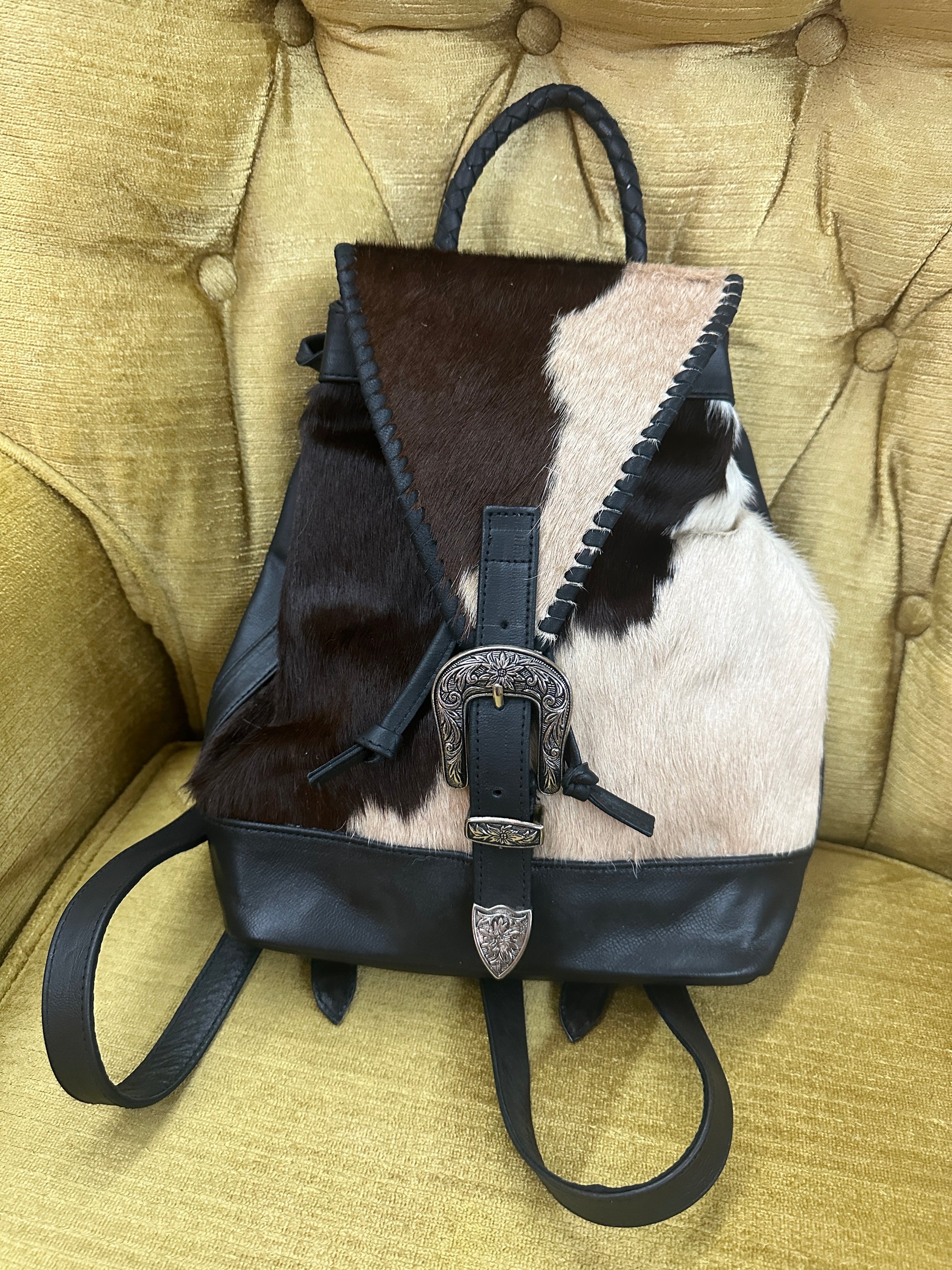 SAUDARA The Label Hair On Hide Antique Buckle Leather Backpack  ~ Queen Bee's Closet Tab