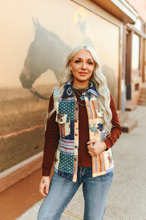 Saddle Up Patchwork Cowboy Printed Quilted Vest