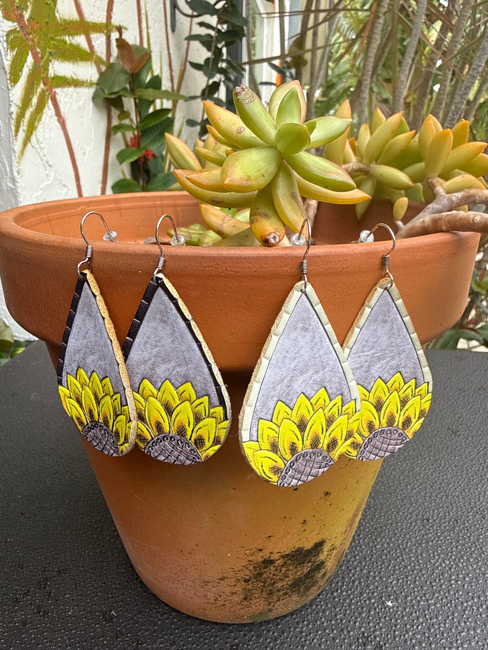 Sunflower Drops Dangle Painted Leather Earrings