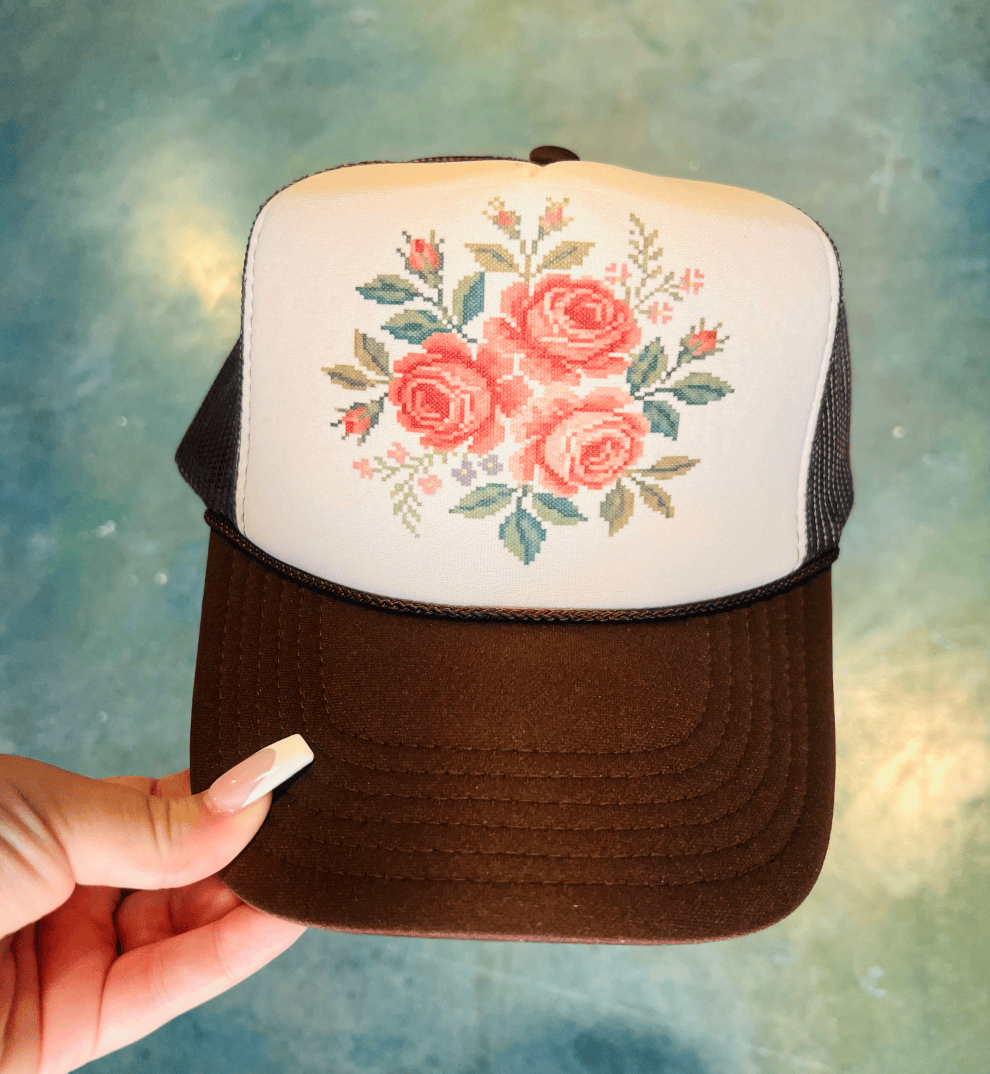 Floral Cross Stitch Trucker Hat (made to order) LC