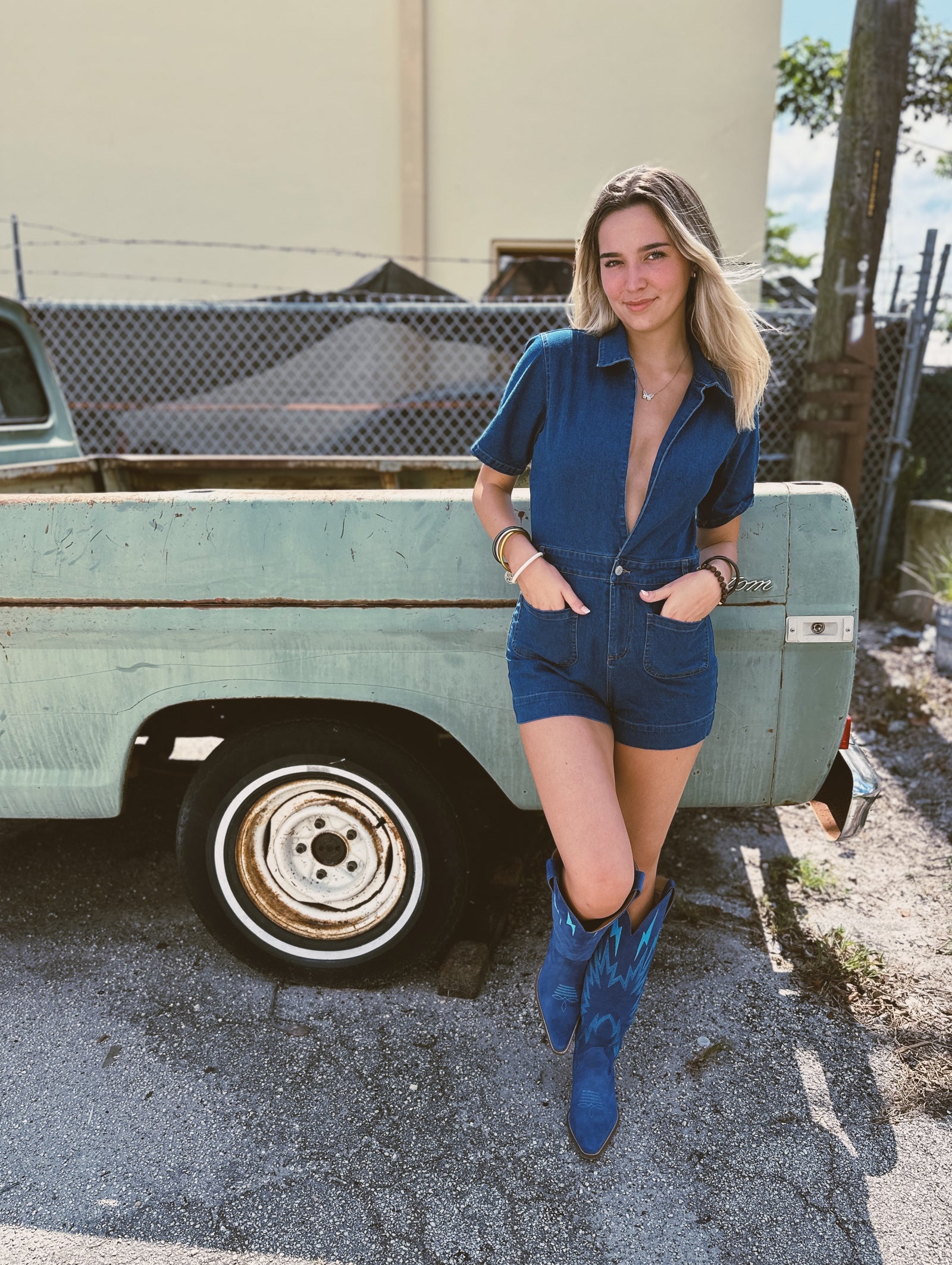 Get Low Deep V Cut Denim Romper