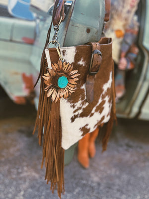Two Bar West & Casey Curtis Designs Brown & Cream Cowhide Cross Body Fringe Purse ~ Queen Bee's Closet Tab