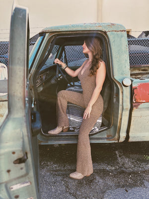 Gold Dust Woman Metallic Flare Leg Jumpsuit