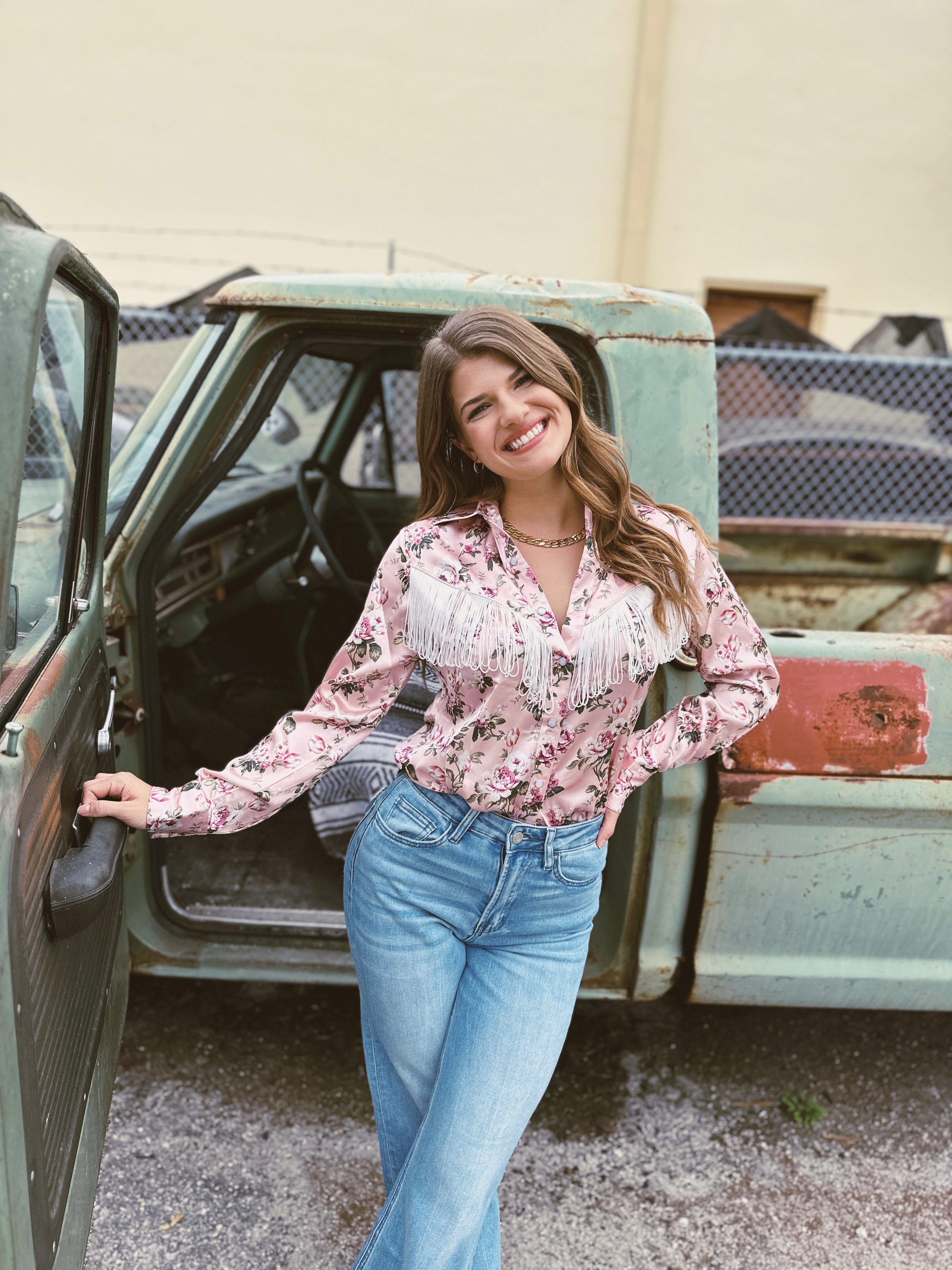 Rose of My Heart Fringe Satin Floral Print Pearl Snap Button Up