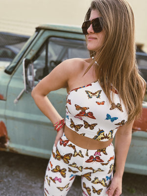Colors In The Wind Multi Color Butterfly Print Halter Crop Top