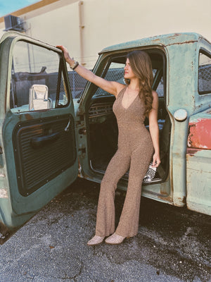 Gold Dust Woman Metallic Flare Leg Jumpsuit