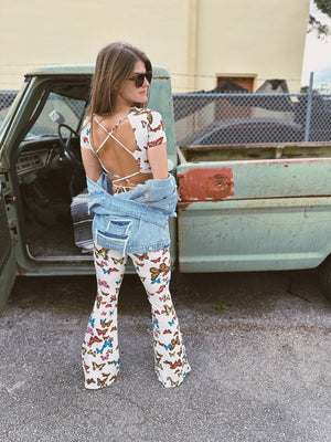 Crazy Town Multi Color Butterfly Print Strappy Back Cropped Tee