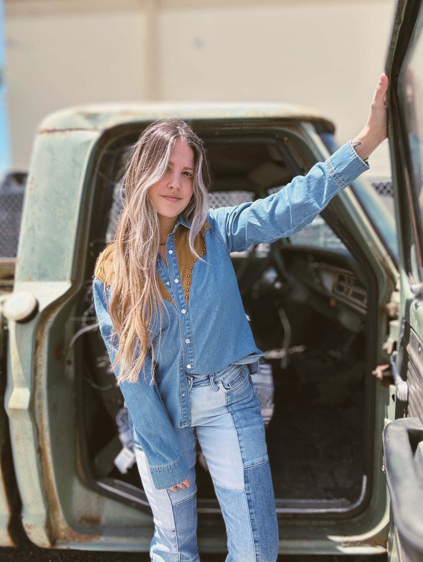 Smooth Operator Denim & Suede Button Up Top