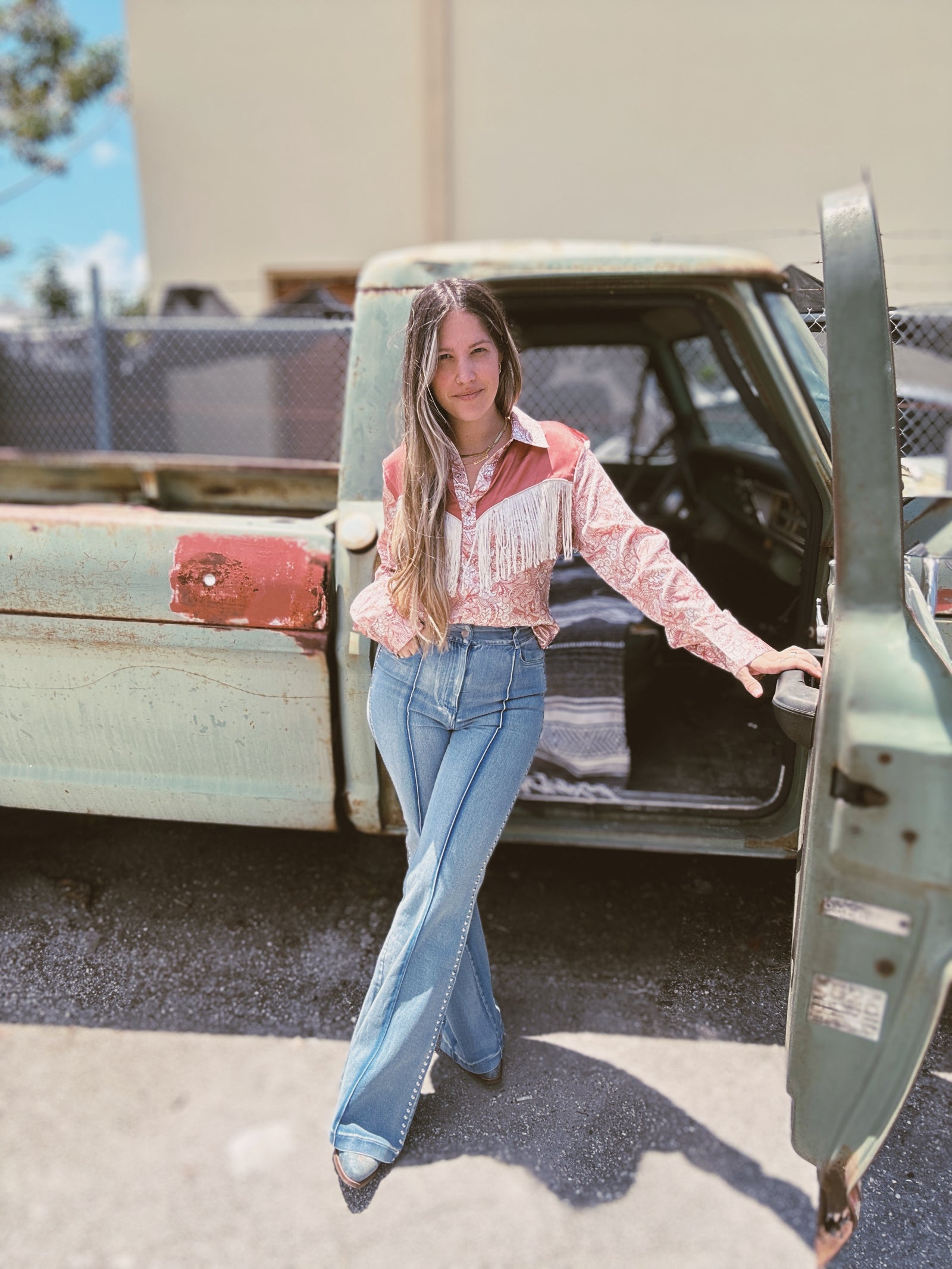 Foolish Pride Fringe Satin Paisley Print Pearl Snap Button Up Blouse (DS)