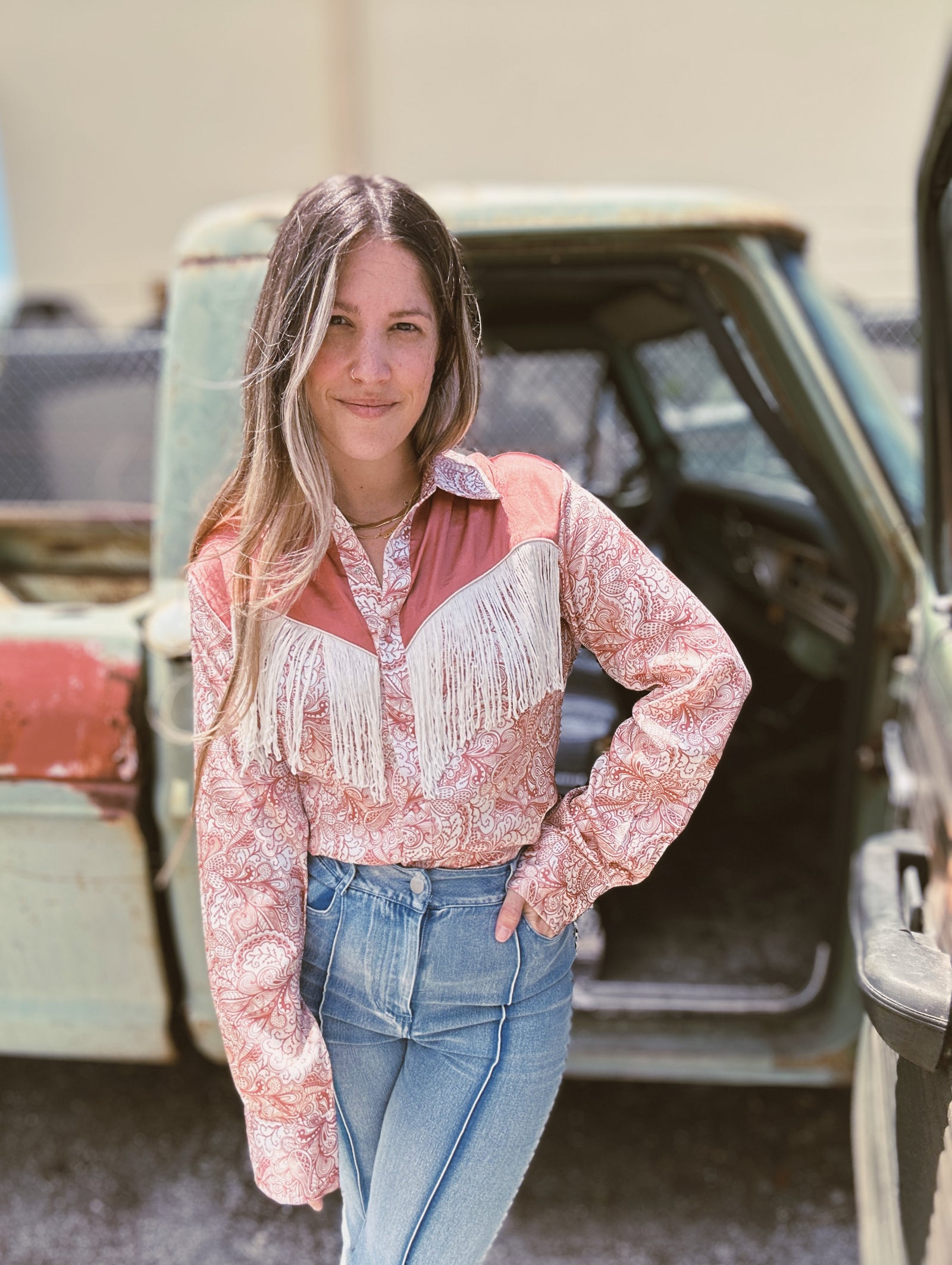 Foolish Pride Fringe Satin Paisley Print Pearl Snap Button Up Blouse (DS)