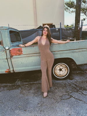 Gold Dust Woman Metallic Flare Leg Jumpsuit