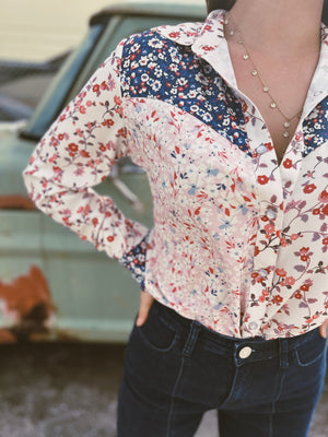 I Can Still Make Cheyenne Satin Patchwork Floral Print Pearl Snap Button Up Blouse