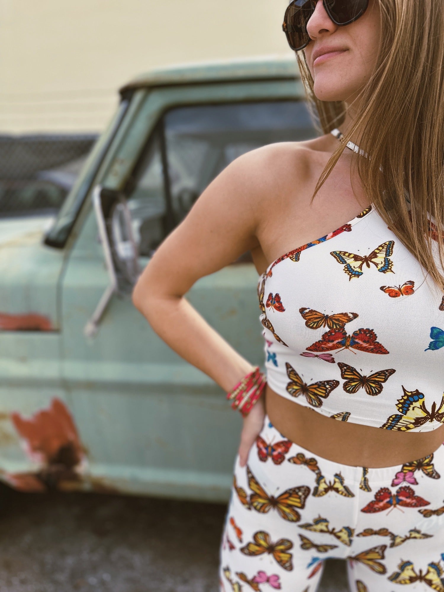 Colors In The Wind Multi Color Butterfly Print Halter Crop Top