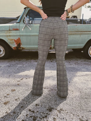 Steppin' Stone Houndstooth Plaid Print Bell Bottom Flare Pants