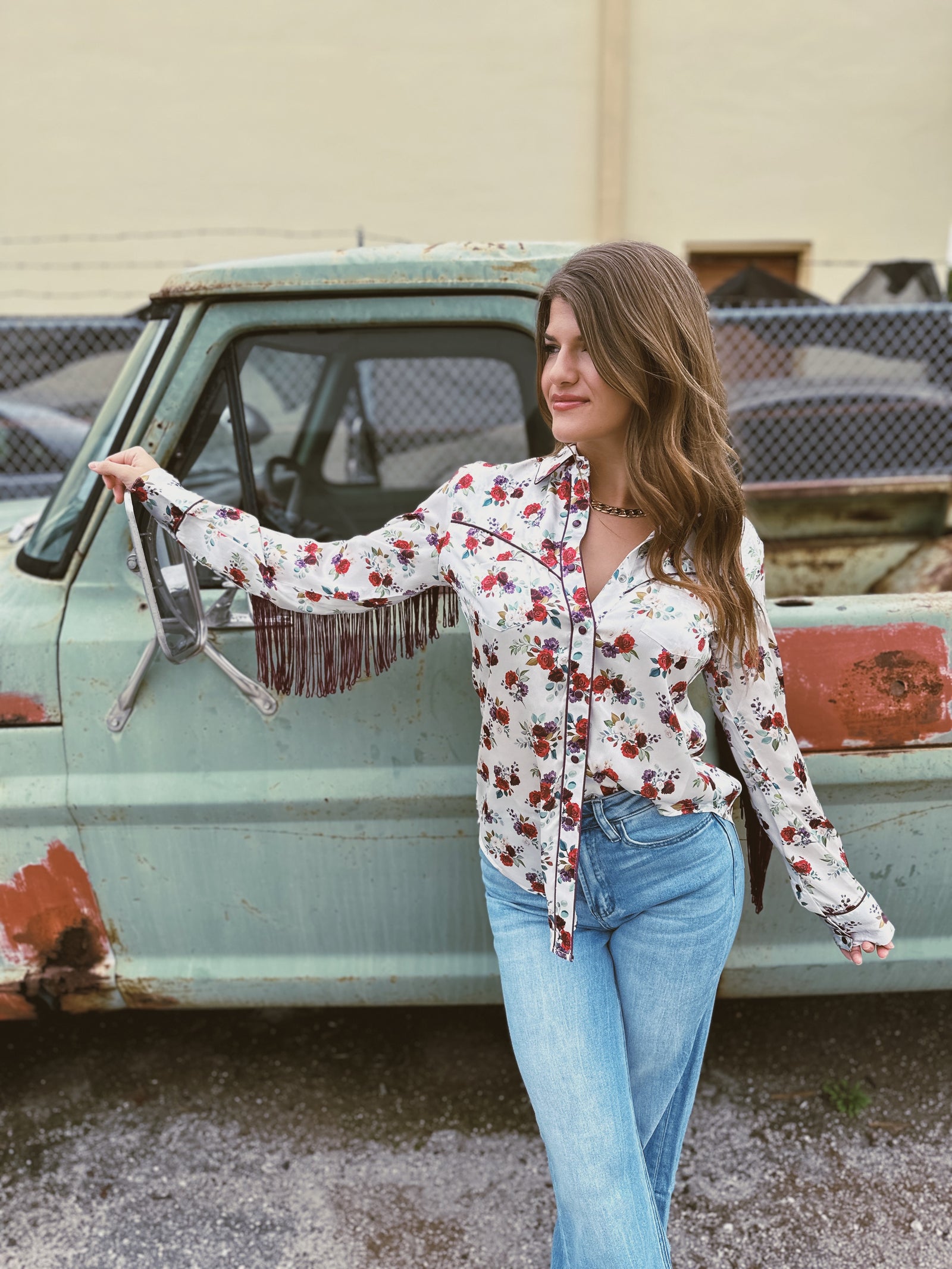 Maybe It Was Memphis Fringe Satin Floral Print Pearl Snap Button Up Blouse (DS)