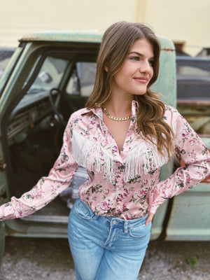 Rose of My Heart Fringe Satin Floral Print Pearl Snap Button Up Blouse