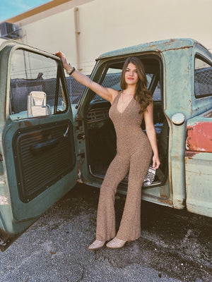 Gold Dust Woman Metallic Flare Leg Jumpsuit