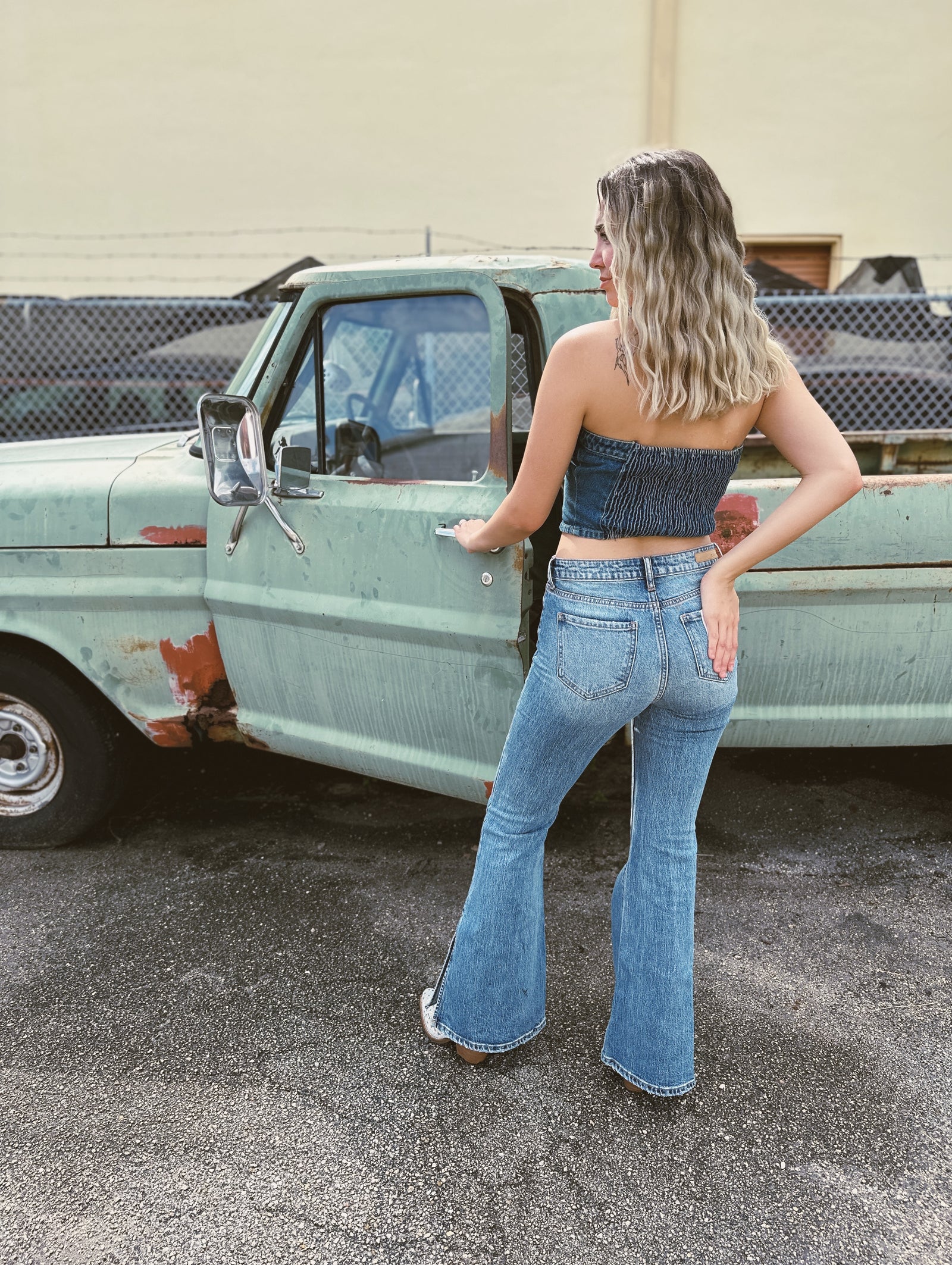 Side Effects High Rise Side Slit Flare Denim