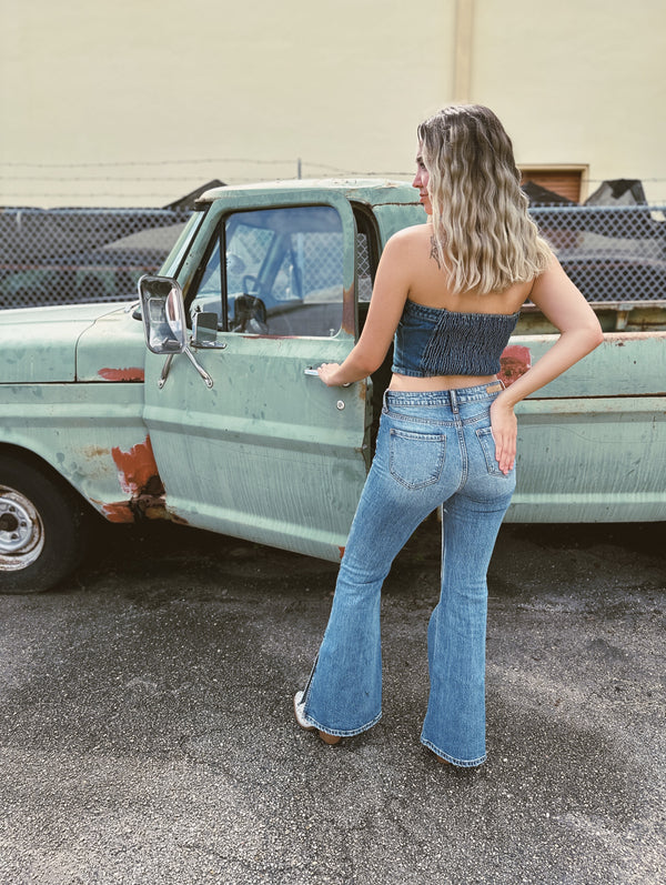 Side Effects High Rise Side Slit Flare Denim - Lil Bee's
