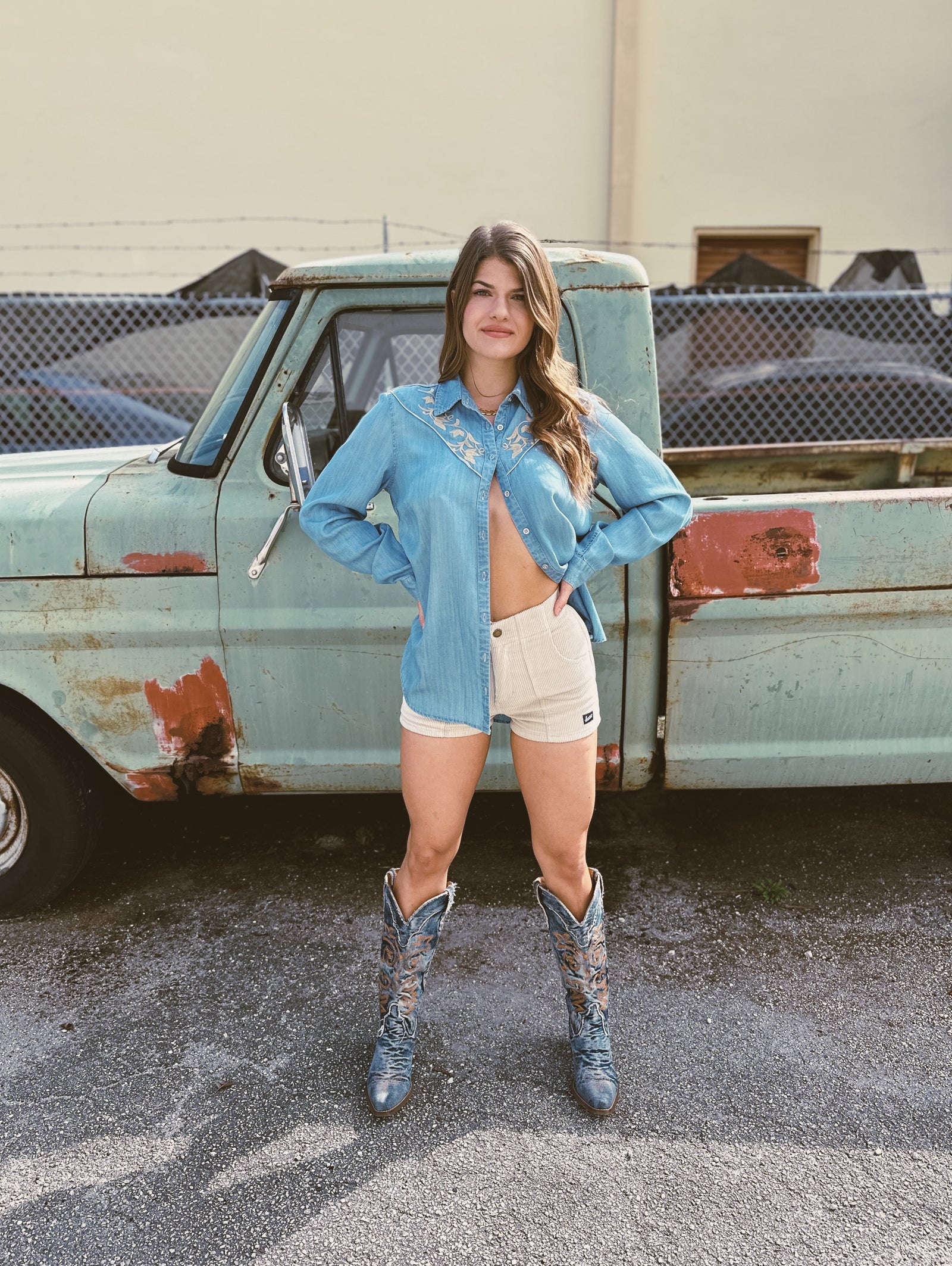 Memphis In The Meantime Embroidered Floral Western Yoke Denim Blouse (DS)