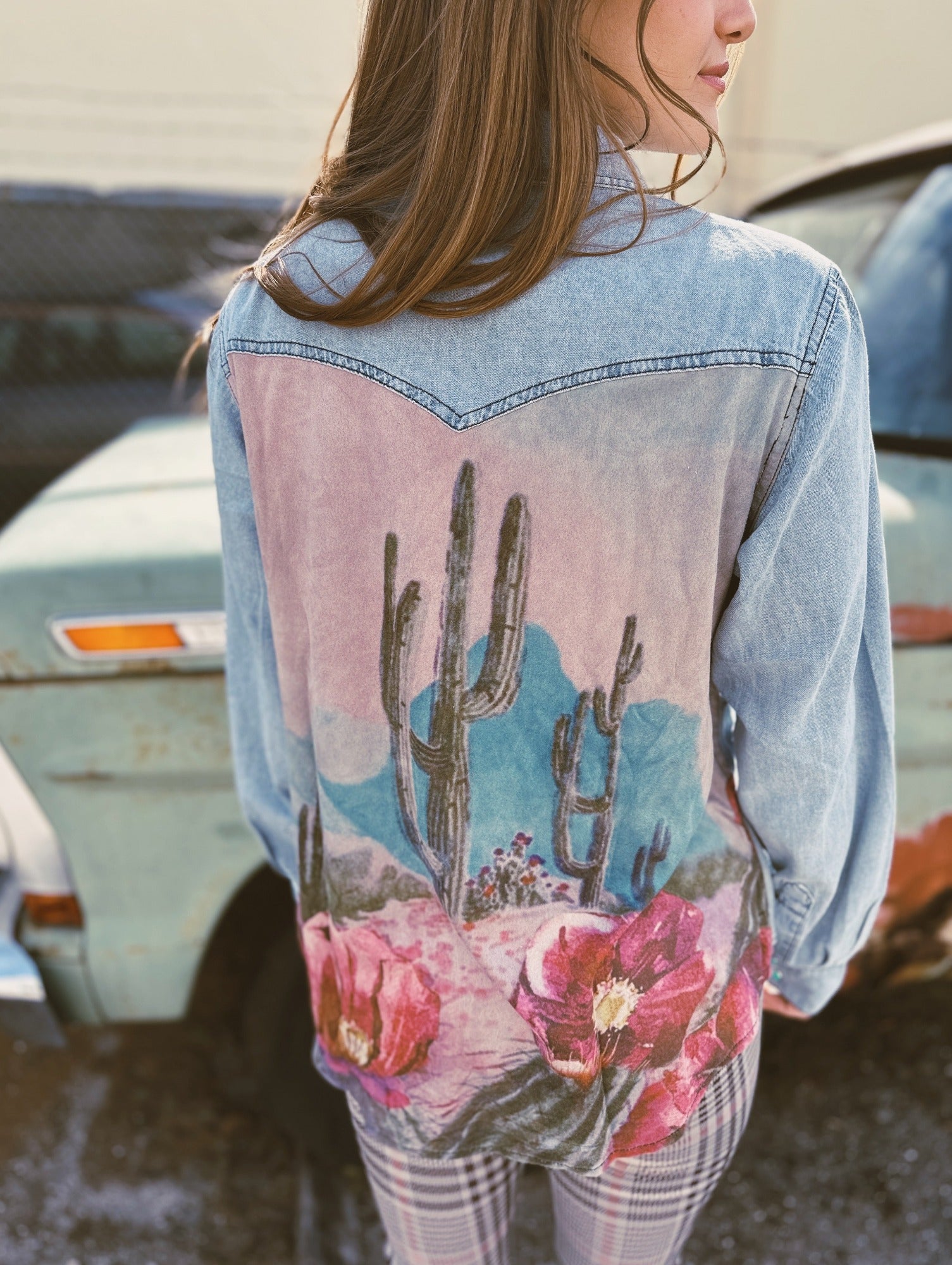 Sedona Sunset Cactus Scene Western Yoke Denim Blouse (DS) ~ PREORDER