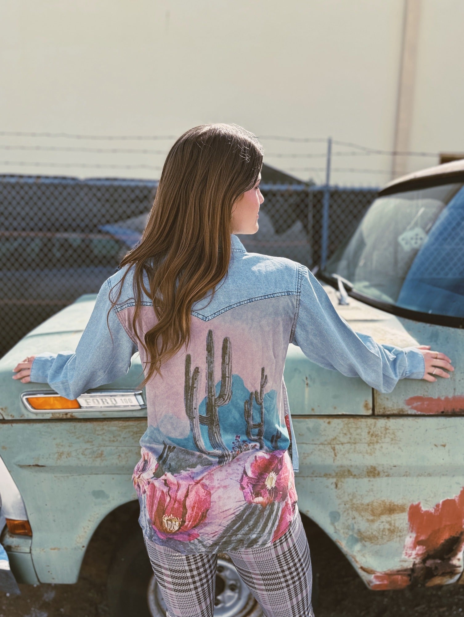 Sedona Sunset Cactus Scene Western Yoke Denim Blouse (DS) ~ PREORDER