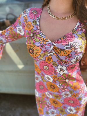 Uptown Funk Retro Floral Bell Sleeve Mini Dress
