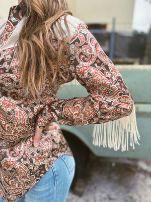 Whiskey Lullaby Satin Paisley Floral Print Fringe Sleeve Pearl Snap Button Up Blouse