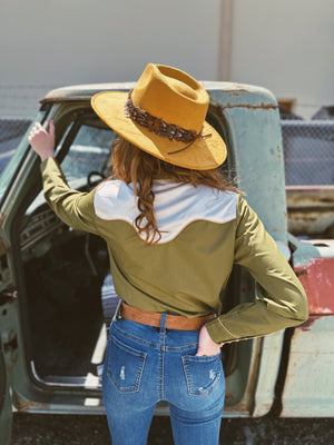 Back in the Saddle Again Horse Pearl Snap Button Up Blouse