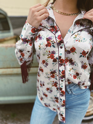 Maybe It Was Memphis Fringe Satin Floral Print Pearl Snap Button Up Blouse