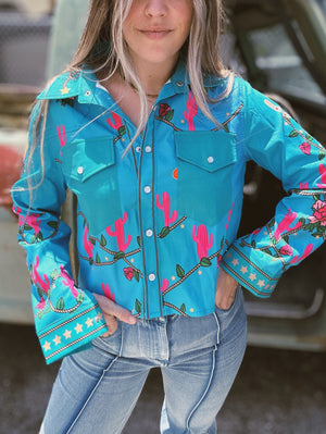 Love Is A Rose Retro Cowgirl Pearl Snap Button Up Cropped Top &/or Lightweight Jacket