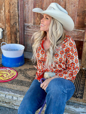 Going To California Large Poppy Flower Zipper Front Blouse