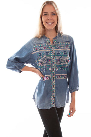 Spirit Of The West Aztec Print Embroidered Denim Button Up Blouse