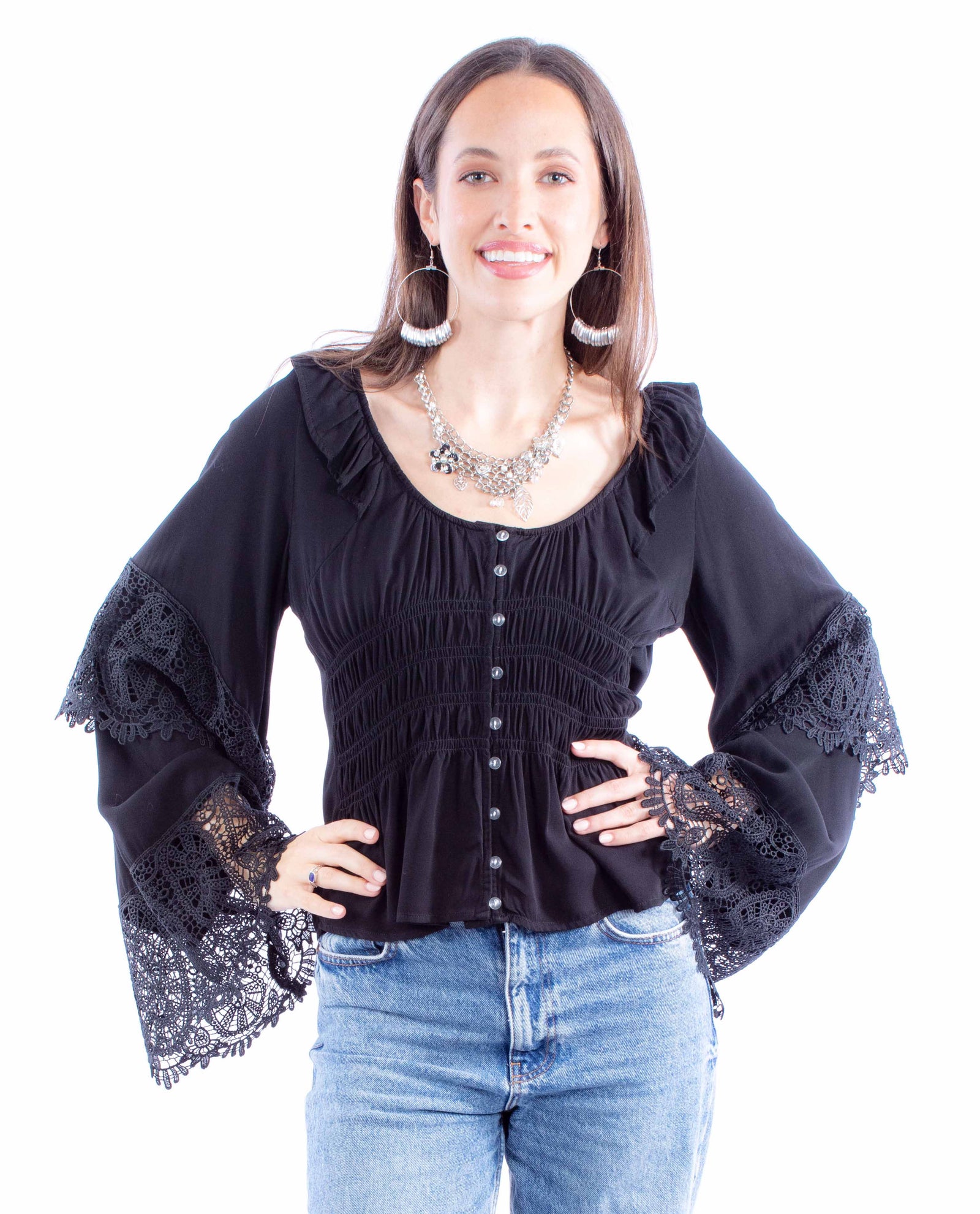 Never Knew Lonely Boho Style Crochet Bell Sleeve Blouse (DS)