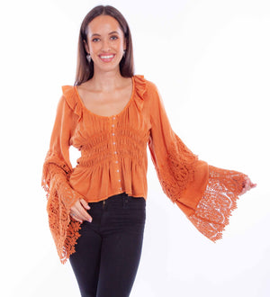 Never Knew Lonely Boho Style Crochet Bell Sleeve Blouse (DS)