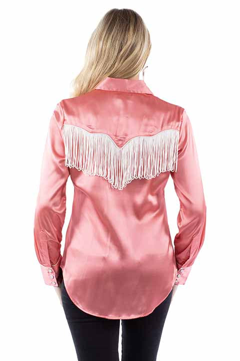 On Deck Hot Pink Satin Pearl Snap Button Up Fringe Front & Back Blouse (DS)