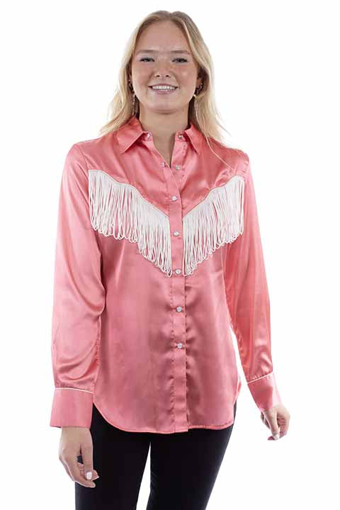 On Deck Hot Pink Satin Pearl Snap Button Up Fringe Front & Back Blouse (DS)