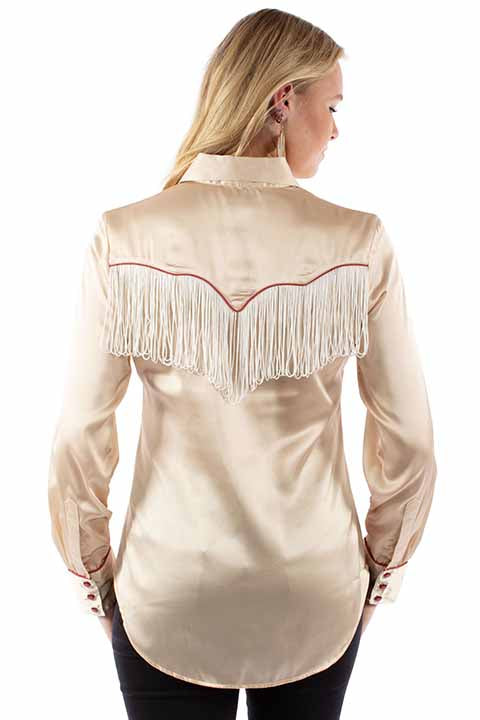 On Deck Champagne Satin Pearl Snap Button Up Fringe Front & Back Blouse (DS)