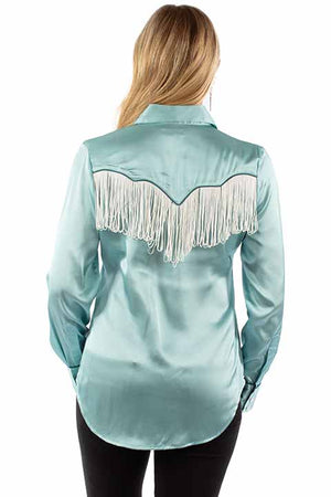 On Deck Turquoise Satin Pearl Snap Button Up Fringe Front & Back Blouse