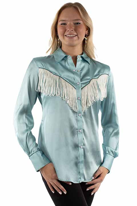 On Deck Turquoise Satin Pearl Snap Button Up Fringe Front & Back Blouse