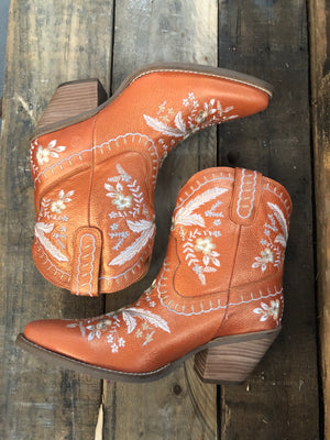 Primrose Orange Metallic Leather Boots w/ Stitched Floral Designs ~ Size 10 ~ SAMPLE SALE