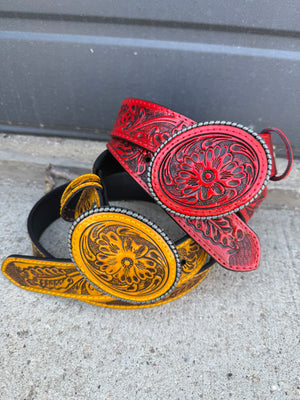 Red Sun Tooled Floral Western Leather Belt w/ Oval Buckle