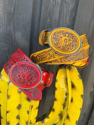 Red Sun Tooled Floral Western Leather Belt w/ Oval Buckle